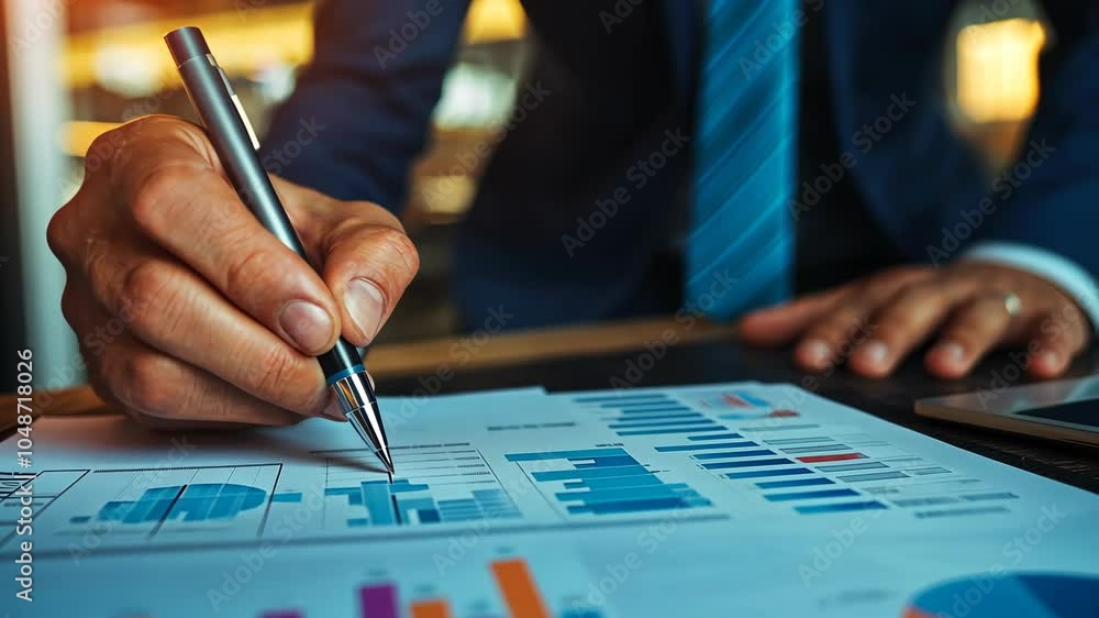 A hand writes on a piece of paper filled with charts and graphs A hand writes on a piece of paper filled with charts and graphs
