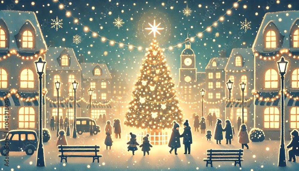 A Peaceful Christmas Night: A Glowing Christmas Tree in a Brightly Lit City with Silhouettes of People Enjoying the Festive Atmosphere Under Gentle Snowfall on a Cozy Winter Evening A Peaceful Christmas Night: A Glowing Christmas Tree in a Brightly Lit City with Silhouettes of People Enjoying the Festive Atmosphere Under Gentle Snowfall on a Cozy Winter Evening