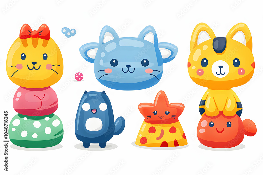 Naklejka premium Six adorable cartoon cats with different colors and expressions.