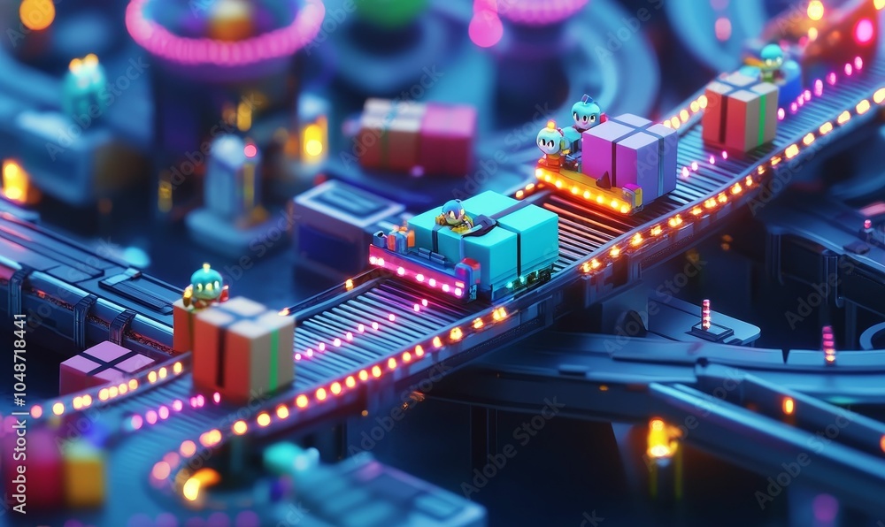 Gifts ride on futuristic conveyor belt. Gifts ride on futuristic conveyor belt.