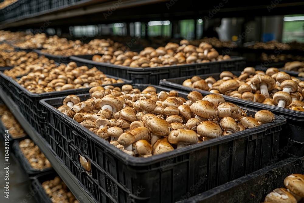 Close-up of Freshly Harvested Brown Mushrooms in Black Plastic Crates Close-up of Freshly Harvested Brown Mushrooms in Black Plastic Crates