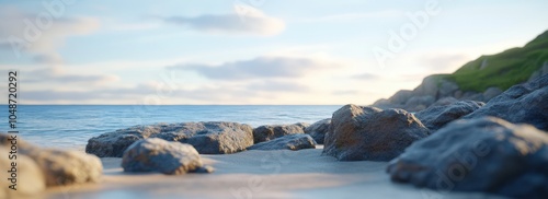 Serene coastal landscape with rocky shoreline and tranquil ocean