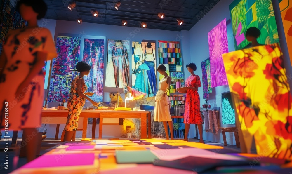 Fototapeta premium Mannequins stand near colorful abstract artwork.