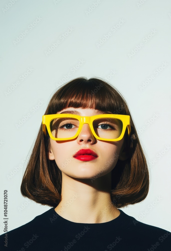 Stylish woman with bold yellow glasses and red lips Stylish woman with bold yellow glasses and red lips
