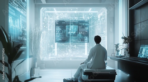 A doctor in a high-tech medical room uses a holographic display powered by AI to monitor real-time health data and treatment options