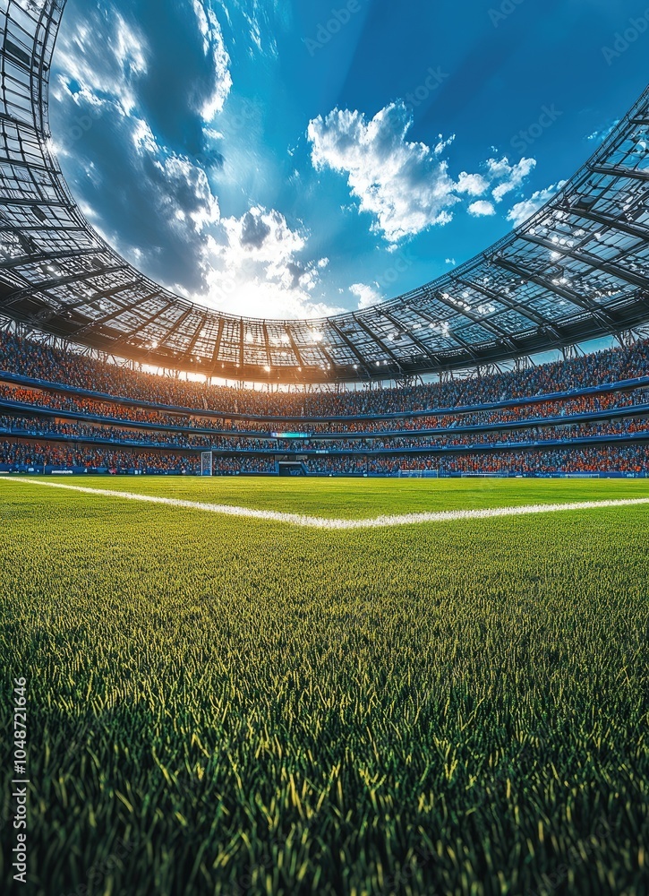 Fototapeta premium Empty stadium with green grass field under blue sky with clouds.