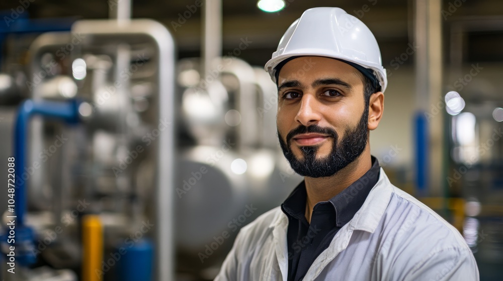 A confident worker in a hard hat and lab coat stands in an industrial setting, showcasing expertise and professionalism in the manufacturing environment. A confident worker in a hard hat and lab coat stands in an industrial setting, showcasing expertise and professionalism in the manufacturing environment.