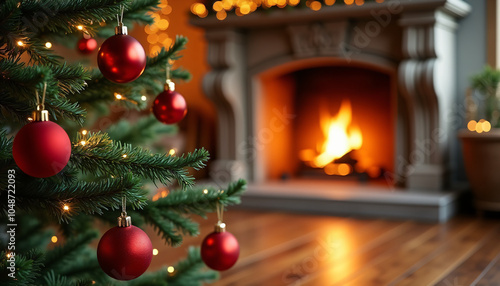 Close up christmas tree and fireplace background