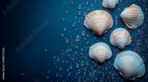 Banner sea shells and water drops on blue background.
