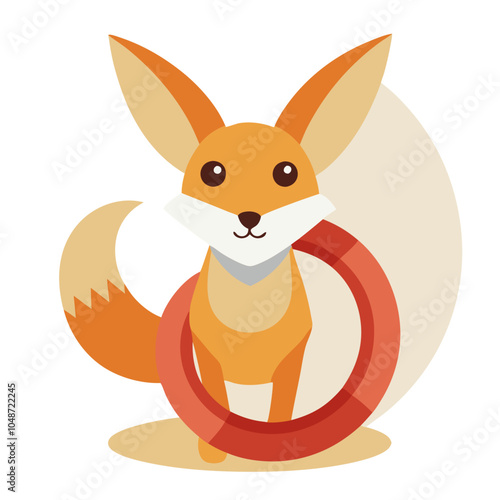 Fennec Fox Hoopla: A playful fennec fox with big ears and a fluffy tail performs a trick with a red hoop in a whimsical illustration.  