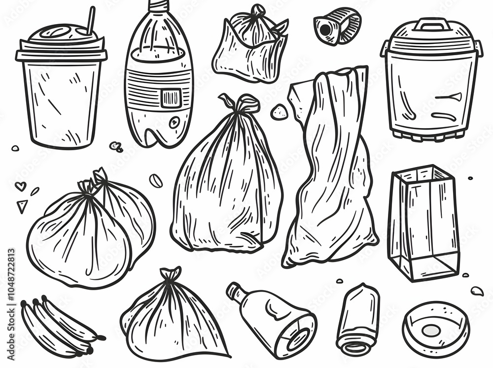 Obraz premium Hand-drawn black and white illustration of various types of garbage.
