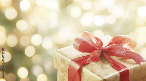 Beautifully wrapped gift box with a red ribbon against a shimmering background.