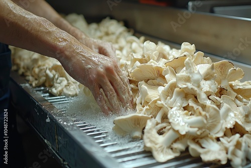 Hand Washing Oyster Mushrooms in a Metal Sink photo