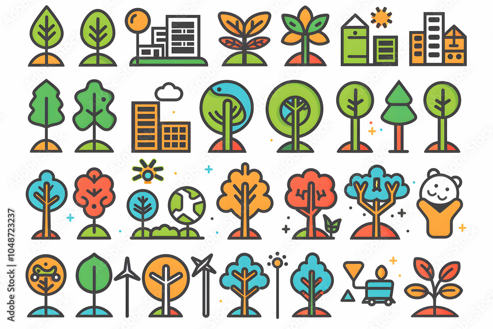 Fototapeta premium A collection of colorful line icons depicting various trees, plants, nature, and buildings.