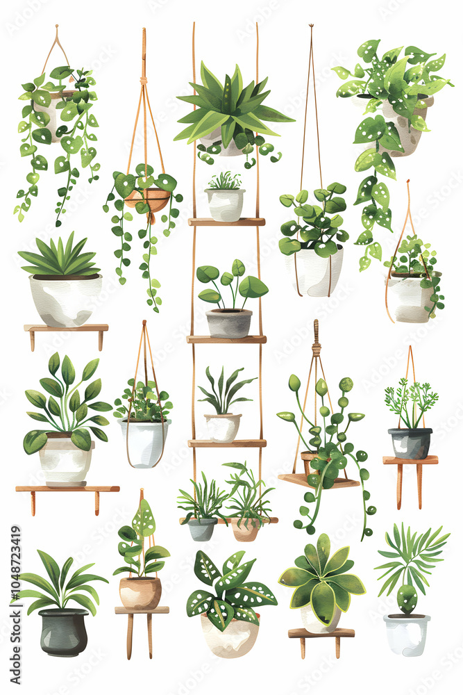 Collection of 22 different potted houseplants, including hanging plants on macrame hangers, on shelves and on wooden stands. Collection of 22 different potted houseplants, including hanging plants on macrame hangers, on shelves and on wooden stands.