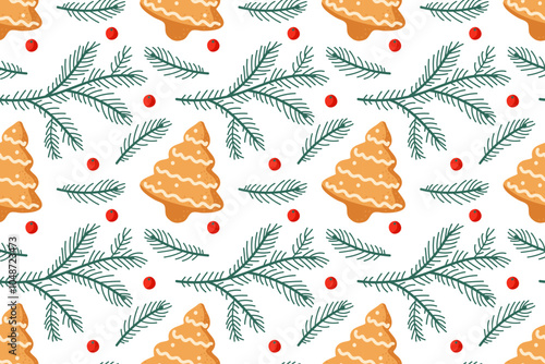 Seasonal pattern featuring decorated gingerbread trees and green pine branches with red berries