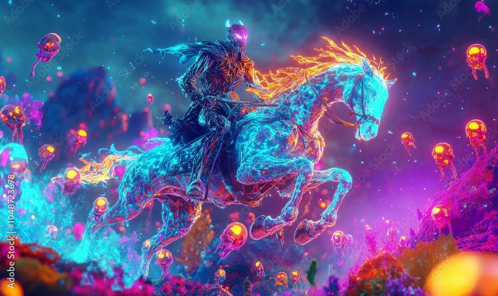 A rider on a horse against a neon sky. A rider on a horse against a neon sky.