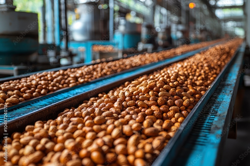 Fototapeta premium Peanuts Conveying on a Conveyor Belt in a Factory