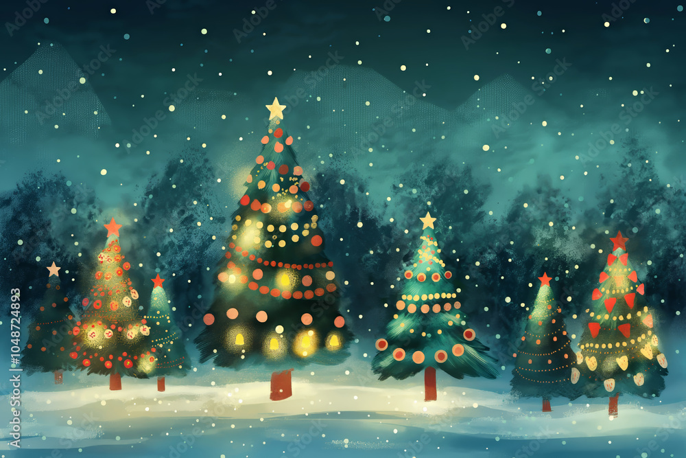 Obraz premium Beautiful decorated Christmas trees in the winter time. Illustration, perfect for greeting card and xmas design. Colorful Merry Christmas scene. 