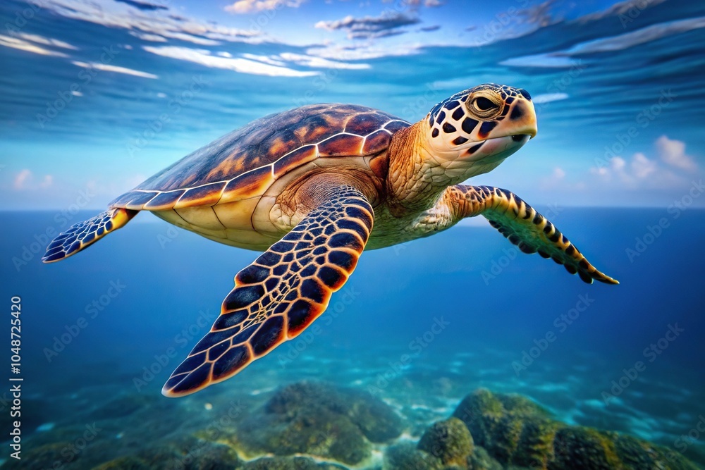 Obraz premium Underwater image of a reflected hawksbill sea turtle swimming gracefully