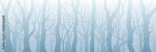 Winter forest, snowy panoramic view, minimalistic landscape, vector illustration