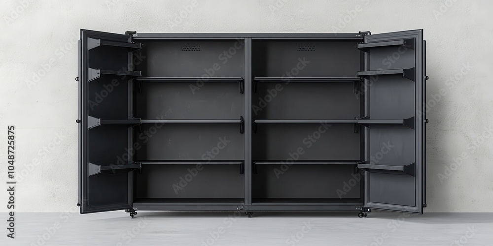Sleek black refrigerator in a minimalist dark gray interior with empty shelves, emphasizing modern design and simplicity Sleek black refrigerator in a minimalist dark gray interior with empty shelves, emphasizing modern design and simplicity