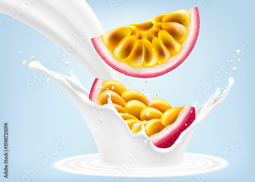 Exotic, tropical passion fruit in splash of yogurt or milk, cocktail splash with drops, Milkshake splash with ripe purple passion fruit. Realistic 3d vector illustration