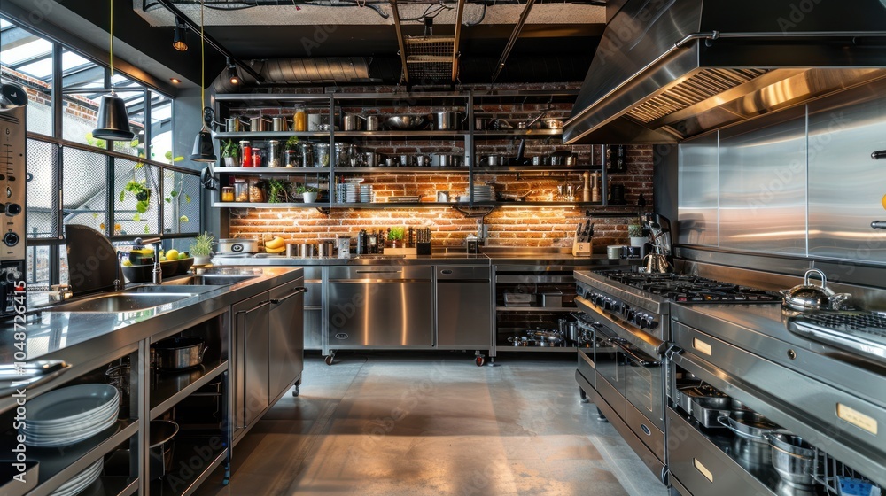 Fototapeta premium Modern Industrial Kitchen with Stainless Steel Appliances and Exposed Brick Wall