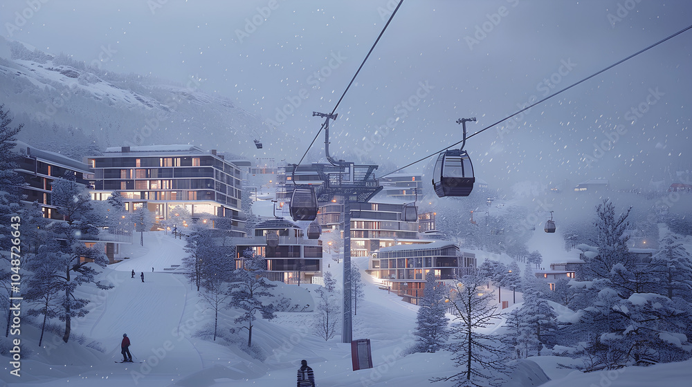 Ski Resort Village with Cable Car and Snowfall Ski Resort Village with Cable Car and Snowfall