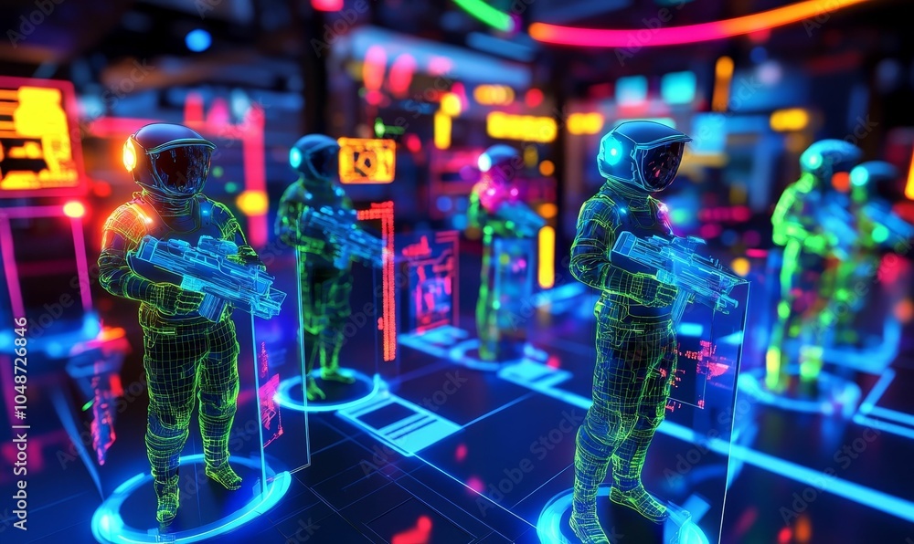 Neon-lit futuristic soldiers in a digital space. Neon-lit futuristic soldiers in a digital space.