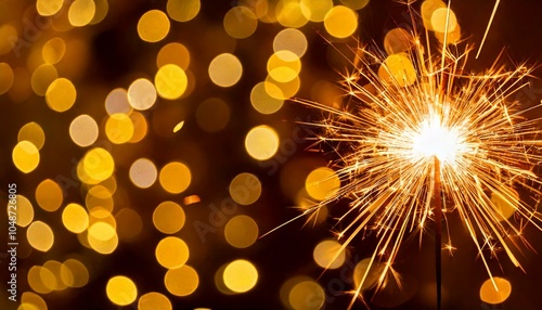 Shining sparkler on golden Christmas tree lights background.