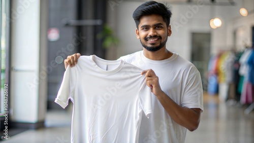 Indian Man Holding Blank T-Shirt for Mockup	
 photo