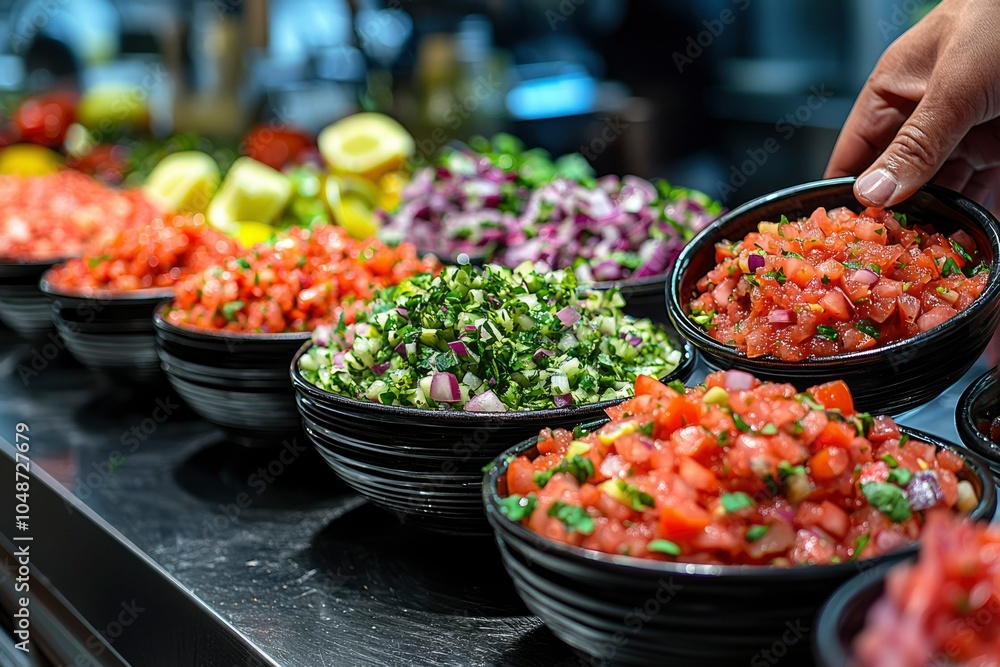 Obraz premium Rows of Black Bowls Filled with Diced Tomatoes, Red Onions, and Green Herbs