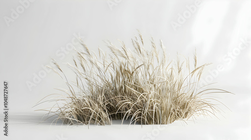 A cluster of dry, brown grass with long, thin blades, set against a plain white background.