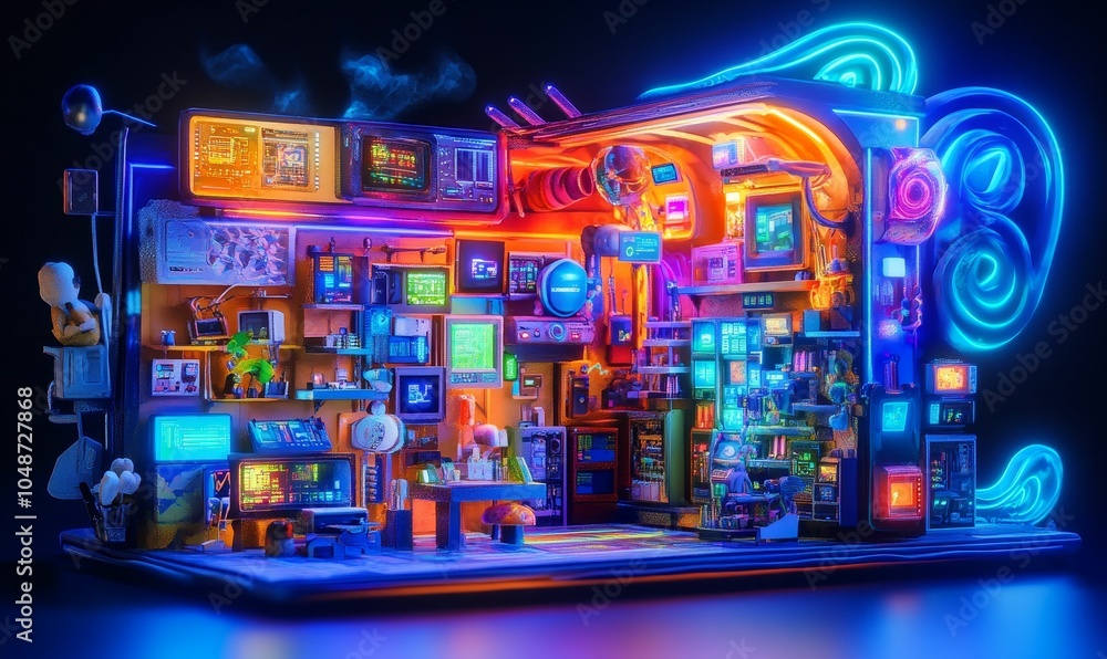 Neon glowing futuristic room with monitors. Neon glowing futuristic room with monitors.