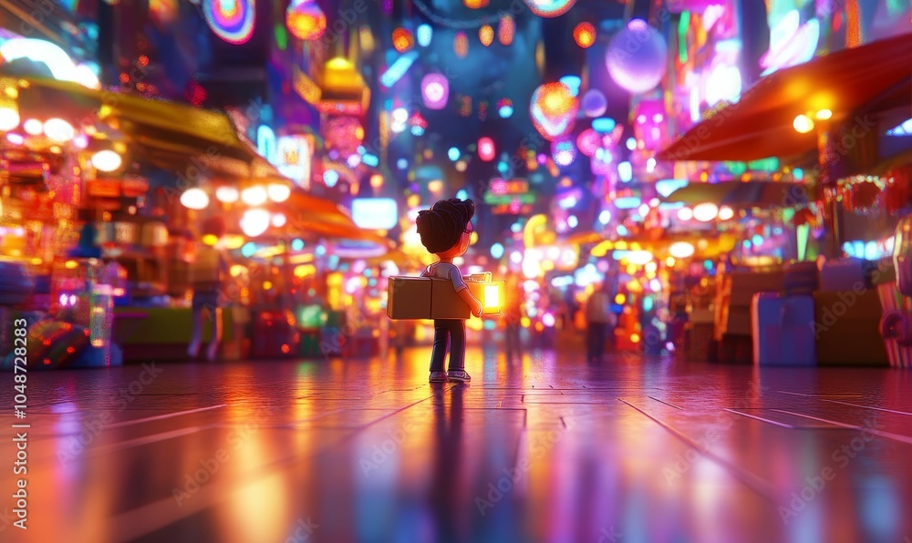 A cartoon figure with a lantern walks through a festive A cartoon figure with a lantern walks through a festive