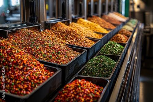 A Row of Metal Bins Filled with Colorful Spices photo