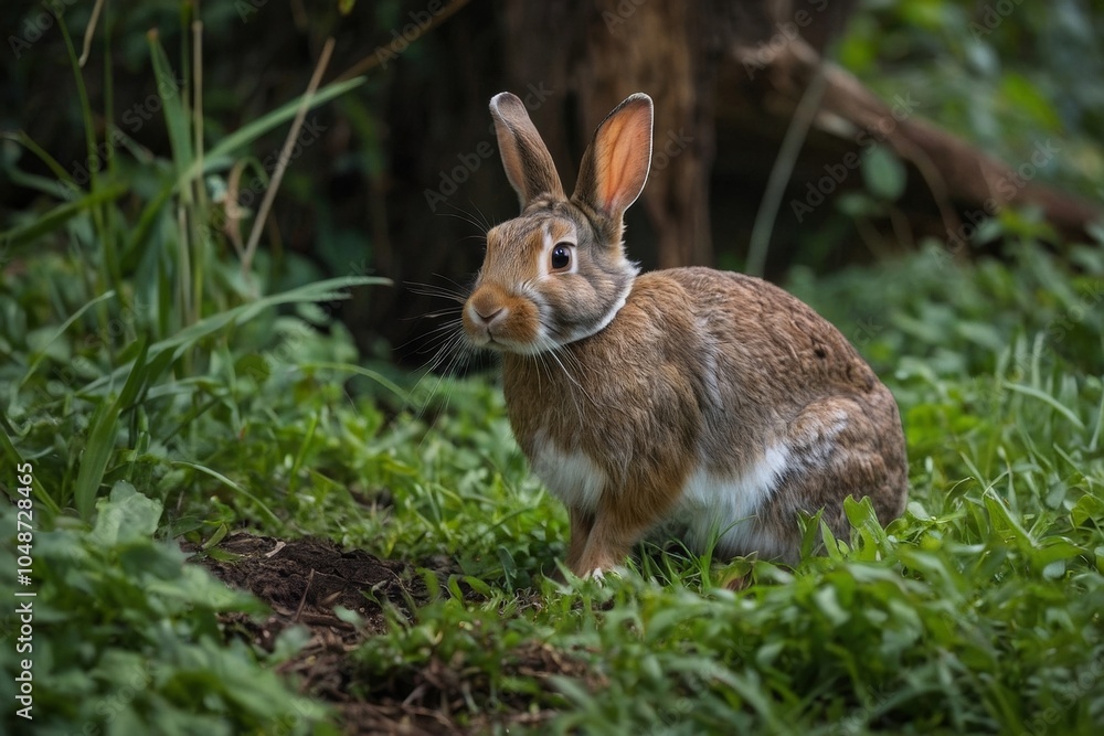 Fototapeta premium A brown bunny searching for food