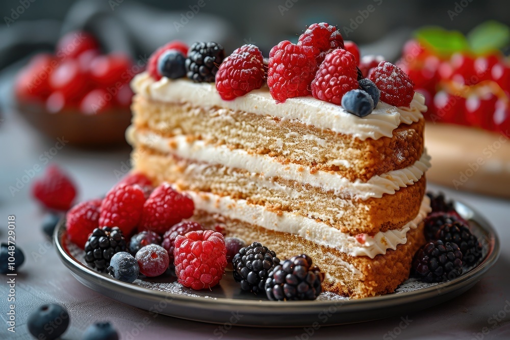A slice of Russian honey cake, Medovik, with its multiple layers of honey-infused dough and cream filling, garnished with fresh berries A slice of Russian honey cake, Medovik, with its multiple layers of honey-infused dough and cream filling, garnished with fresh berries
