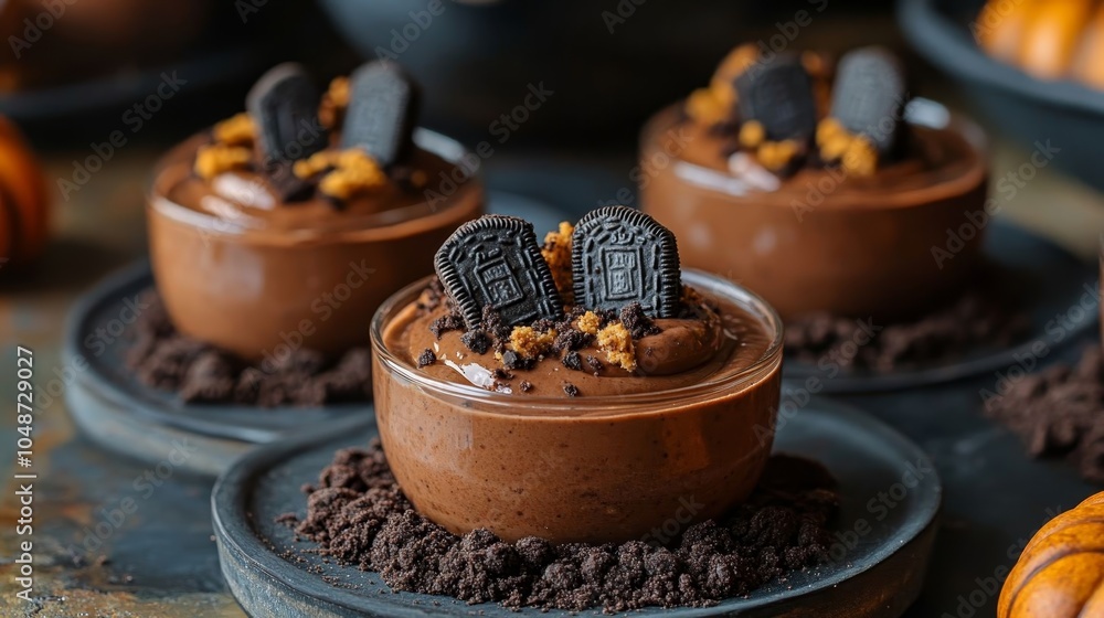 Halloween-themed chocolate pudding dessert. Halloween-themed chocolate pudding dessert.