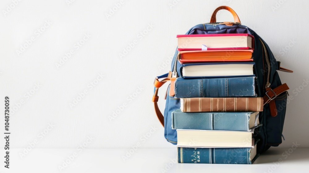 A Stack of Books Leaning Against a Blue Backpack A Stack of Books Leaning Against a Blue Backpack
