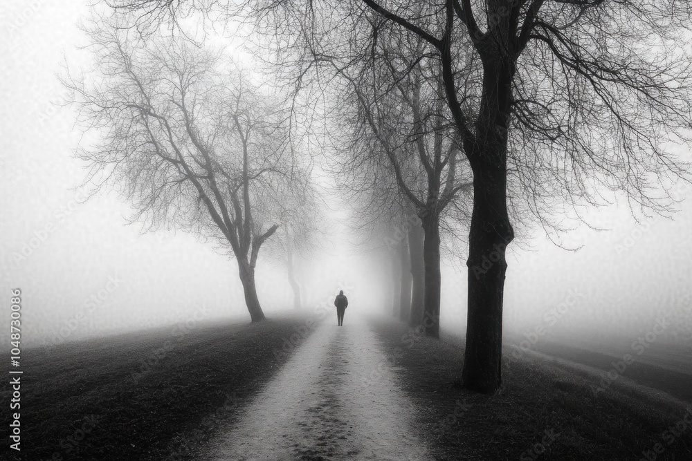 Obraz premium An introverted person enjoying a quiet walk on a foggy morning path lined with trees. The hazy atmosphere enhances the feeling of isolation and serenity.