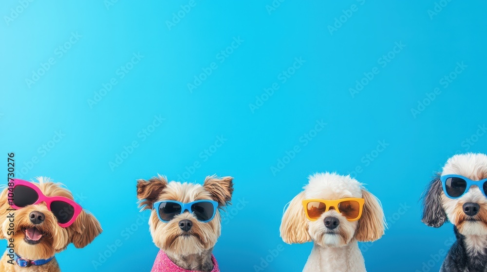Obraz premium Adorable dogs wearing sunglasses against a bright blue background