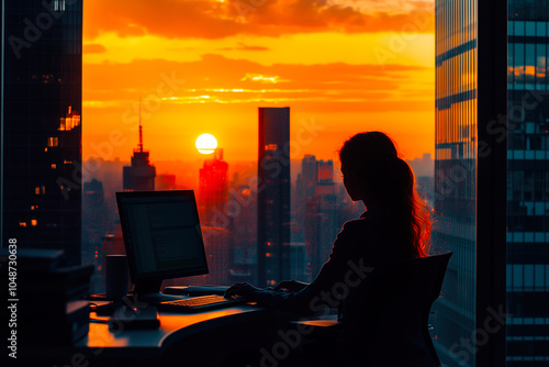 woman working on computer in front of a big window at vivid and colorful sunset city skyline. virtual home office. business connection, work from home.	