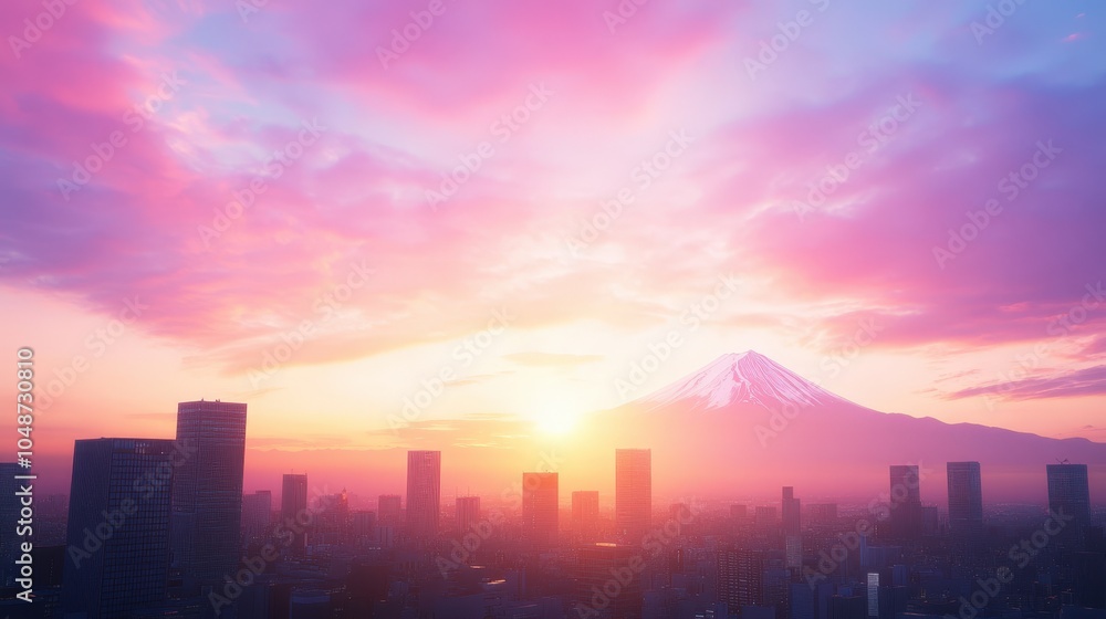 Fototapeta premium Vibrant sunset over a modern city skyline with a majestic mountain in the background