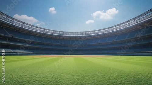 An empty stadium, showing an untouched field, vacant seats, and a serene atmosphere, isolated on a clean background.