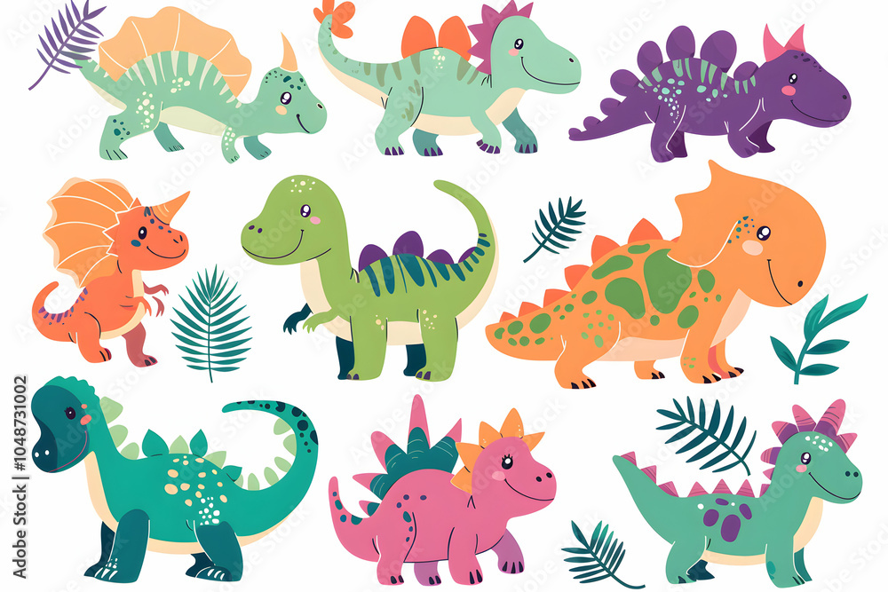 A set of nine cute cartoon dinosaurs with different colors and patterns, isolated on a white background. A set of nine cute cartoon dinosaurs with different colors and patterns, isolated on a white background.