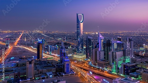 Riyadh's nighttime skyline shines with modernity, showcasing saudi arabia's architectural advancement and kingdom tower majesty
