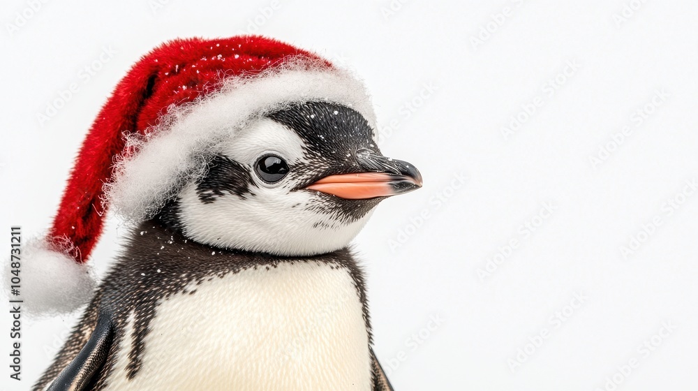 Fototapeta premium Cute Penguin in Christmas Hat on White Background