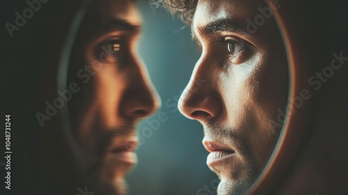 A person looking into a mirror that reflects different personality characteristics, each reflection showing variations like confidence, shyness, creativity, and empathy, exploring self-awareness  photo